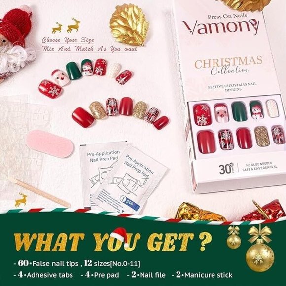 Vamony 30Pc Christmas Press on Nails Short Glossy Square Cute Red Xmas Fake Nail - Picture 6 of 9